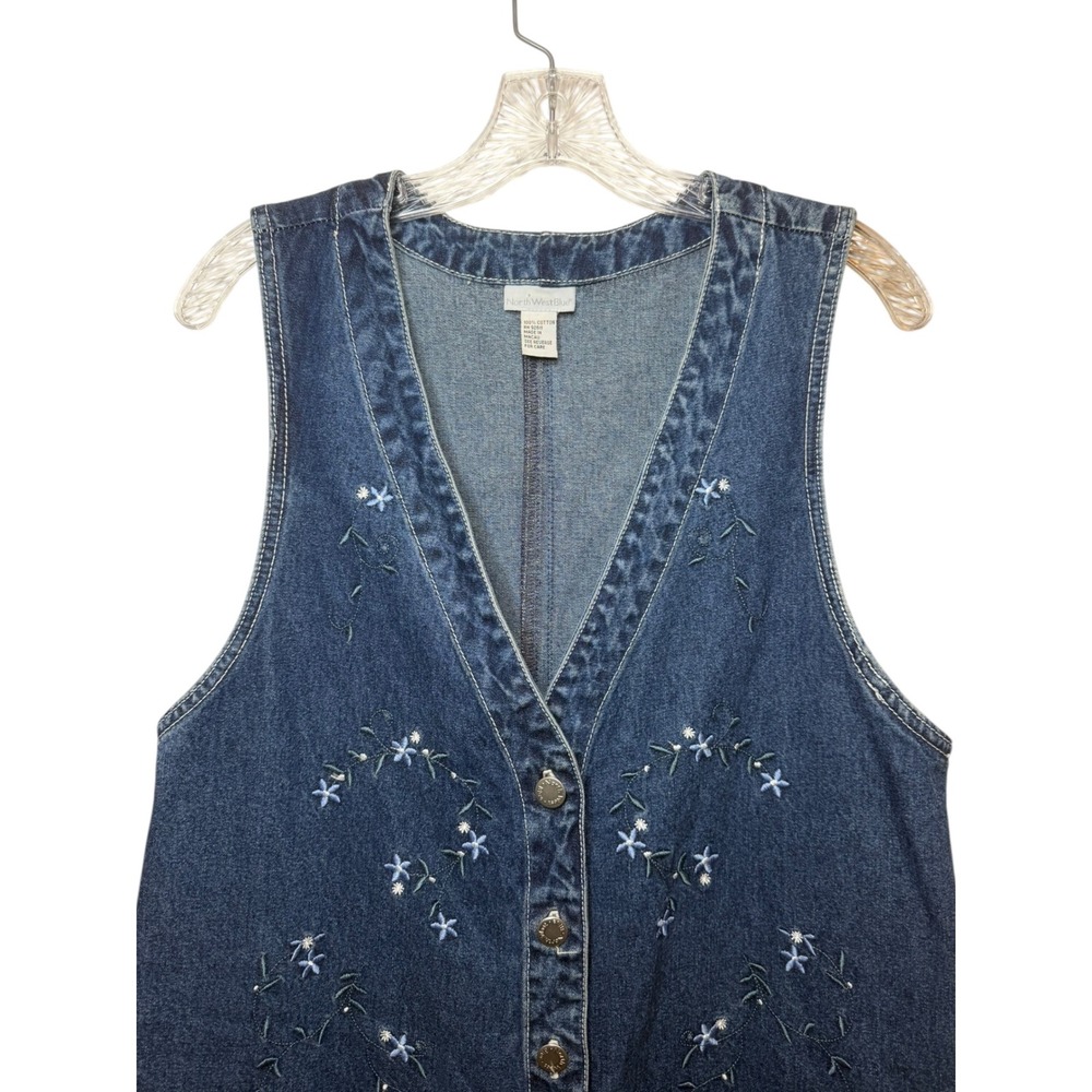 Vintage NorthWest Blue Floral Embroidered Denim Button Front Dress Blue Sz S/M - Picture 3 of 8